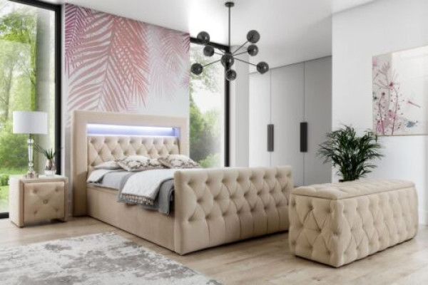 Beige set da camera Chesterfield con letto, pouf e 2 comodini.