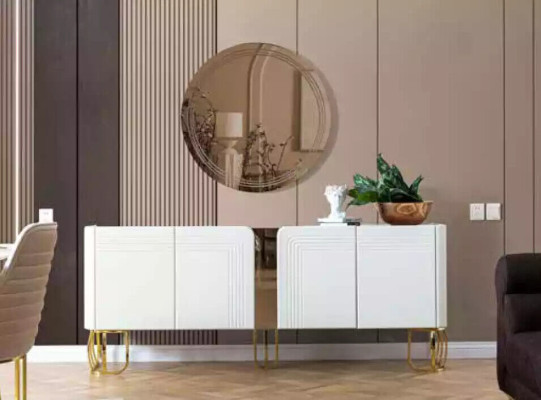 Set soggiorno credenza specchio lusso moderno legno bianco 2 pezzi.