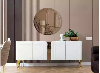 Set soggiorno credenza specchio lusso moderno legno bianco 2 pezzi.