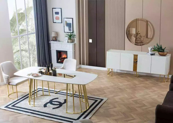 Set soggiorno credenza specchio lusso moderno legno bianco 2 pezzi.