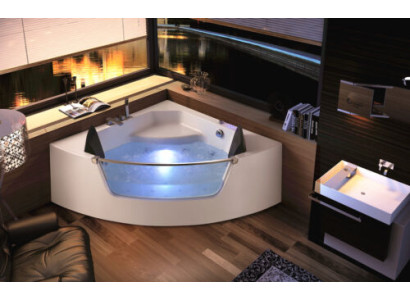 Vasca idromassaggio angolare con illuminazione a LED in vetro e rubinetti per vasca da bagno.