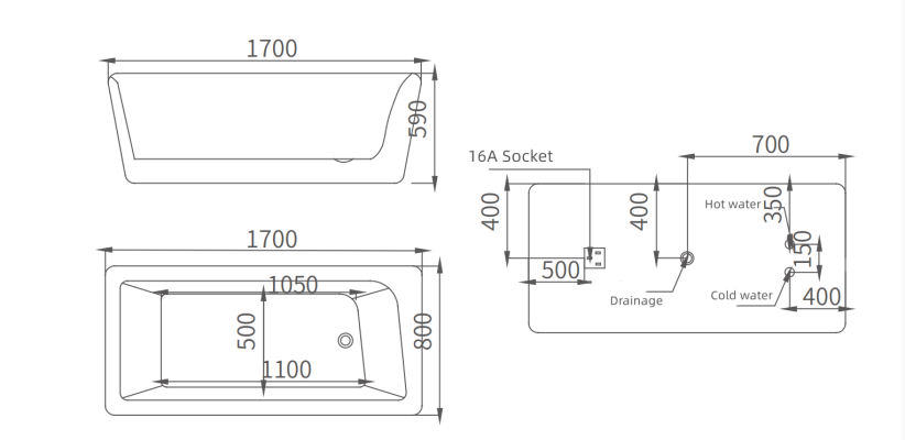 Vasca da bagno di lusso nera Vasca da bagno bianca 170x80 con rubinetti completi