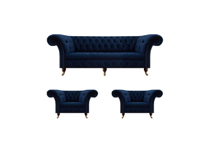 Set soggiorno 3 pezzi Chesterfield Blu Lusso Divano a tre posti 2x poltrona Nuovo