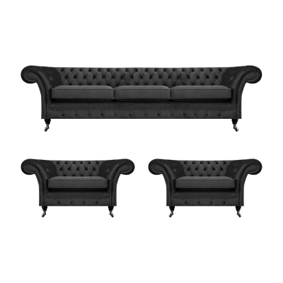 Chesterfield nero, set divani imbottiti, set da salotto 3 pezzi, 3+1+1.