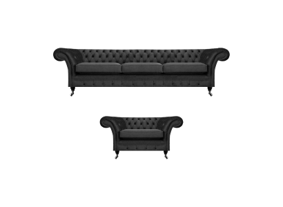 Divano soggiorno imbottito nero tre posti 3+1 poltrona Chesterfield.