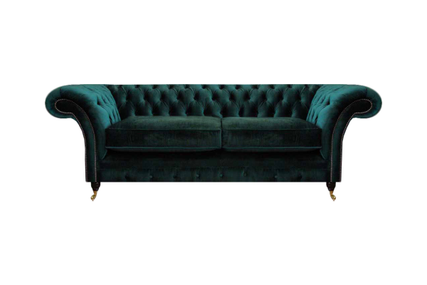 Divano di lusso a due posti in tessuto Chesterfield per seduta imbottita in salotto.