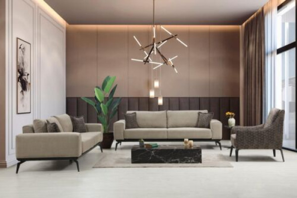 Divani in tessuto beige Set completo Divano a tre posti Poltrone.FixedSingleStoffsofas Komplette Garnitur Dreisitzer Polstersofas Lehnsessel