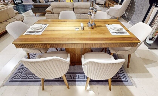 Tavolo in legno marrone chiaro Designer Mobili da sala da pranzo 6 sedie imbottite bianche