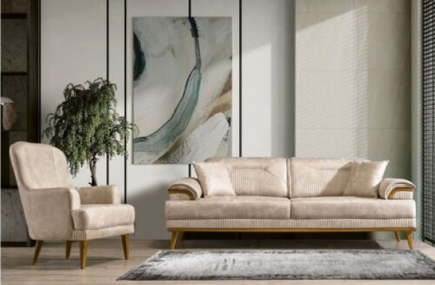 Soggiorno beige, set di divani, divano design imbottito 3 + 1 posti.  Salotto beige, set di divani, divano design imbottito 3 + 1 posti.