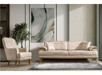 Soggiorno beige, set di divani, divano design imbottito 3 + 1 posti.  Salotto beige, set di divani, divano design imbottito 3 + 1 posti.
