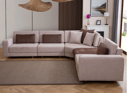 Moderno divano a L per soggiorno, divano imbottito in tessuto, mobili di design.