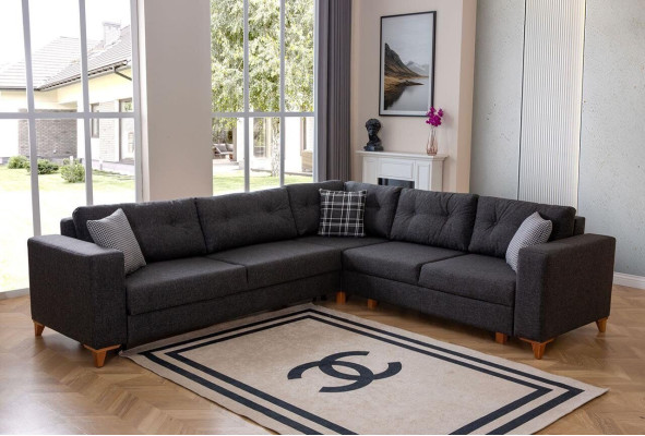 Soggiorno grigio a L, divano in stoffa di design, lusso, divano moderno