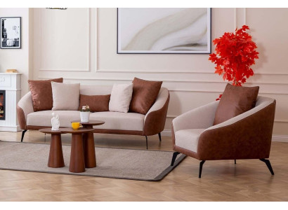 Abito da soggiorno marrone-beige, set divano design a tre posti e poltrona di lusso.