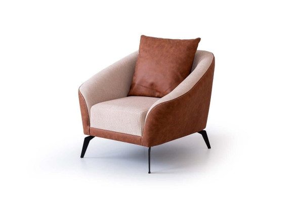 Abito da soggiorno marrone-beige, set divano design a tre posti e poltrona di lusso.