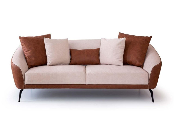 Divano in tessuto color beige-marrone a tre posti per il soggiorno, lussuoso e imbottito, nuovo.
