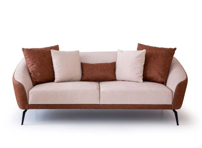 Divano in tessuto color beige-marrone a tre posti per il soggiorno, lussuoso e imbottito, nuovo.