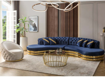 Set di divani imbottiti blu, 2 divani da 4 posti, poltrona, arredamento di lusso per soggiorno.