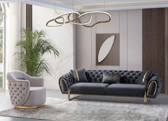 Gruppo divano Chesterfield grigio-bianco moderno con 2 divani a 3 posti e poltrona.