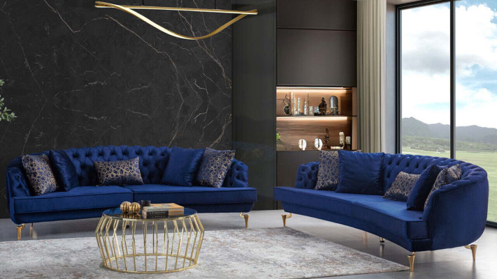 Salotto blu Chesterfield set di divani in tessuto di lusso con 4 posti.