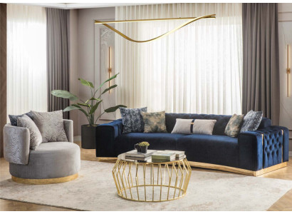 Moderno set di divani imbottiti in tessuto di design per arredamento. 4 posti e 3 posti.