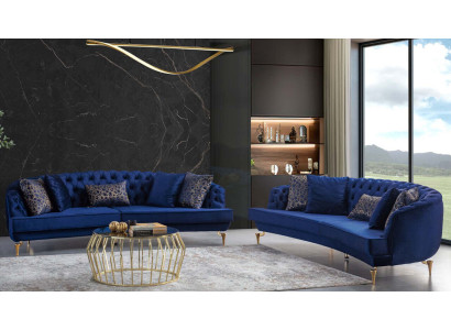 Moderno set di divani blu, lussuosi divani in tessuto a quattro posti.