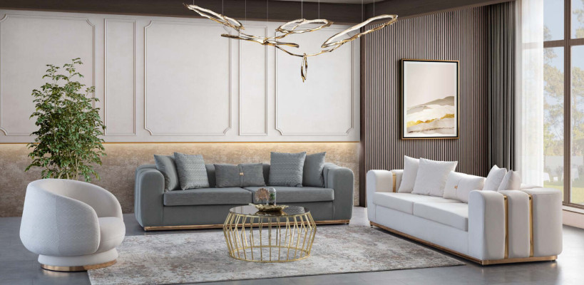 Divani in tessuto grigio di design, set da soggiorno a 4 posti con struttura in legno.