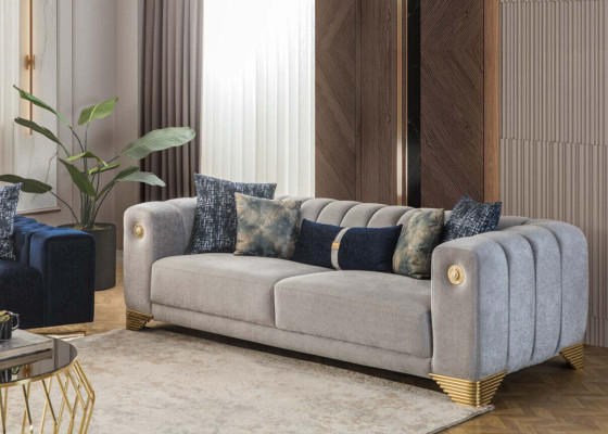 Moderno set di divani imbottiti in tessuto di design per arredamento. 4 posti e 3 posti.