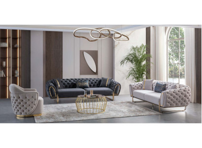 Bianco-grigio set di divani Chesterfield in tessuto di lusso 2 divani a 3 posti