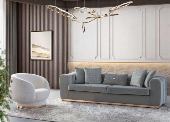 Soggiorno grigio-bianco Set di sedute Lussuosi divani imbottiti Divano a 4 posti Poltrona