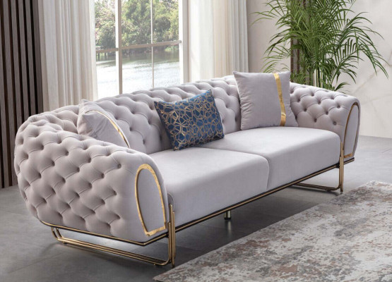 Chesterfield Set divano bianco Elegante divano a 3 posti Poltrona esclusiva 2 pezzi nuovo