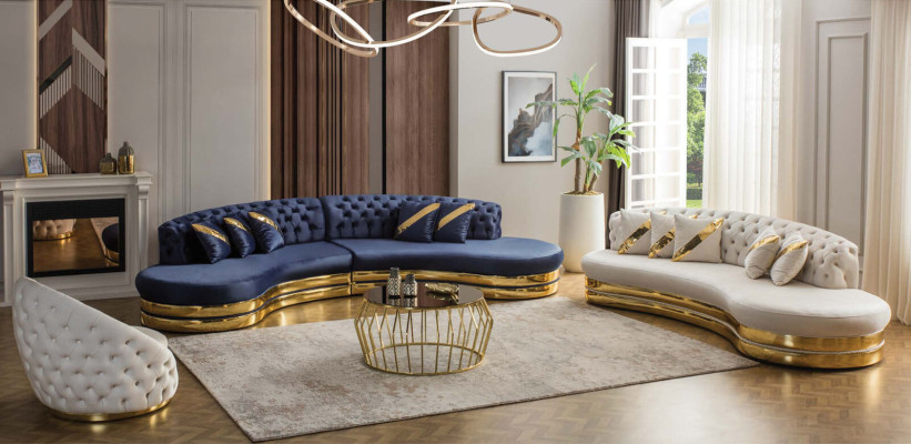 Esclusivo divano Chesterfield semicircolare a 4 posti, divano imbottito di design.