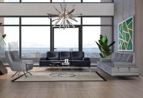 Set completo di divani in tessuto, divani imbottiti moderni a tre posti e poltrona.