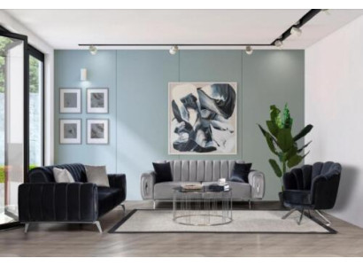 Sofà in acciaio inossidabile grigio-nero, imbottiti di design, set di 3 pezzi con divano a tre posti e poltrona.