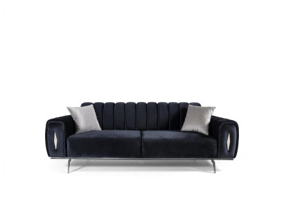 Sofà in acciaio inossidabile grigio-nero, imbottiti di design, set di 3 pezzi con divano a tre posti e poltrona.