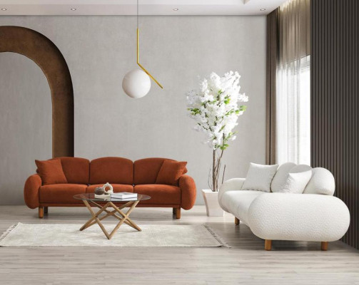 Moderni divani imbottiti per il soggiorno, tre posti bianco, set da 2 pezzi.