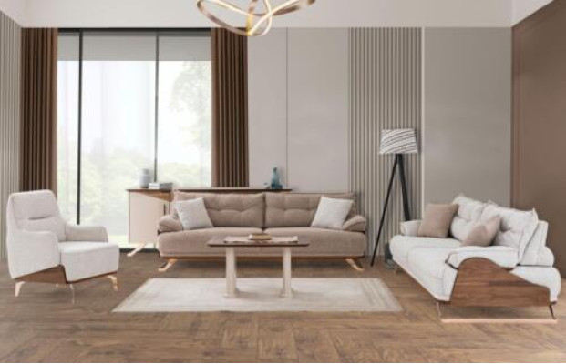 Sofà a tre posti Poltrona Divano Divano imbottito Sofa in tessuto Beige 3 pz