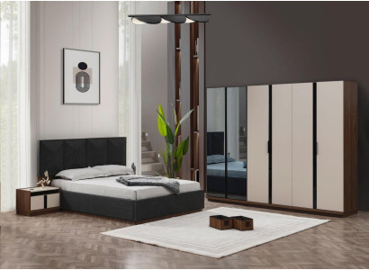 Camera da letto con letto matrimoniale, comodini, armadio grigio - 4 pezzi