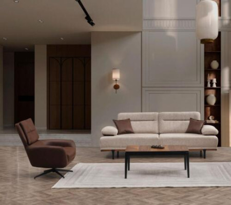 Divano in tessuto con tre posti, poltrona e divano color beige in 2 pezzi.