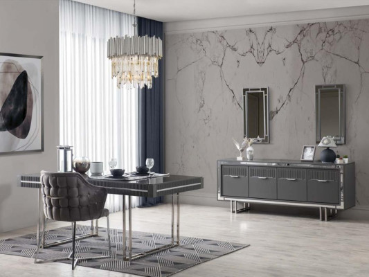 Tavolo da pranzo moderno in legno grigio per sala da pranzo.