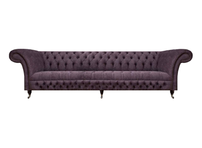 Divano Chesterfield a tre posti in tessuto viola di lusso per soggiorno.