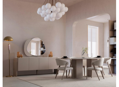 Lussuoso set da pranzo beige con tavolo in legno 4 sedie imbottite credenza 6 pezzi