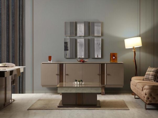 Elegante set da pranzo composto da tavolo da pranzo + 4 sedie + credenza 6 pezzi.