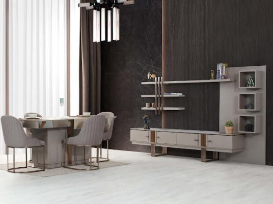 Set da pranzo moderno composto da tavolo da pranzo + 4 sedie + credenza 6 pezzi.