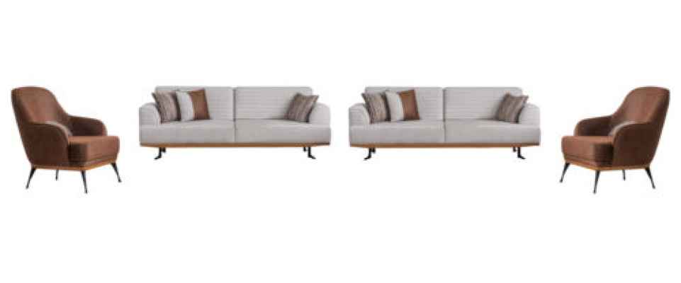 Set da soggiorno grigio-marrone di lusso con due divani a tre posti e due poltrone.