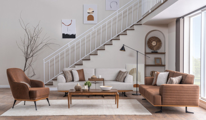 Lussuoso set di divani grigi a tre posti per soggiorno Design moderno.