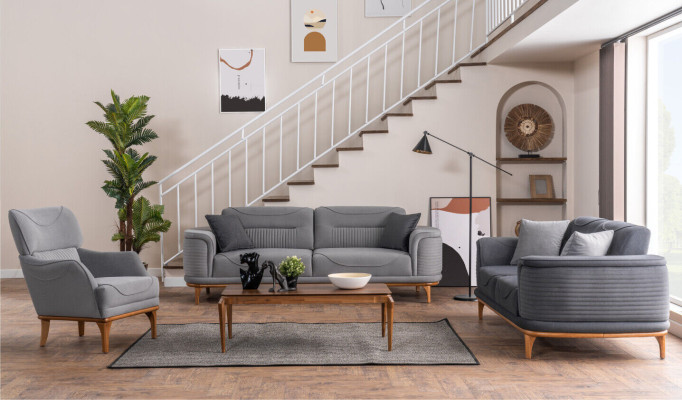 Set di mobili imbottiti grigi moderni: divani e poltrone per il soggiorno Nuovo.