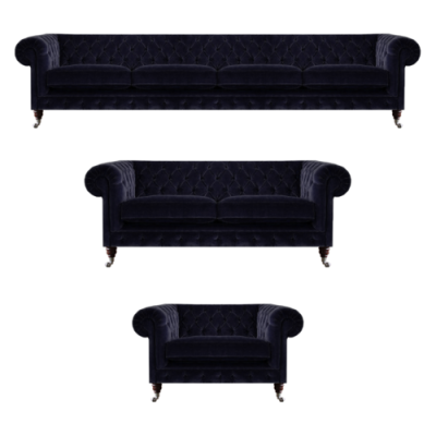 Soggiorno completo blu con divani a quattro posti e divanetti a due posti, poltrona Chesterfield nuova.