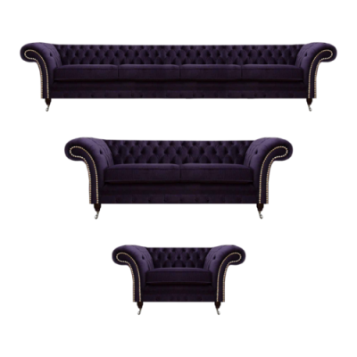 Set di divani di lusso viola, design Chesterfield, arredamento imbottito per il soggiorno.