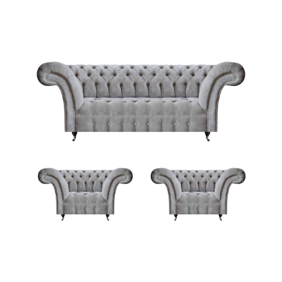 Gruppo divano grigio 3 pezzi 2 poltrone divano Chesterfield tre posti imbottiti