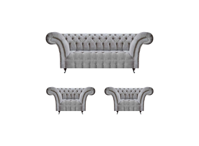 Gruppo divano grigio 3 pezzi 2 poltrone divano Chesterfield tre posti imbottiti